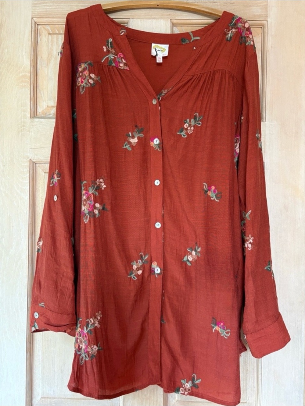 Anthropologie Fig & Flower Burnt Orange Floral Embroidered Button-Front Tunic 3X